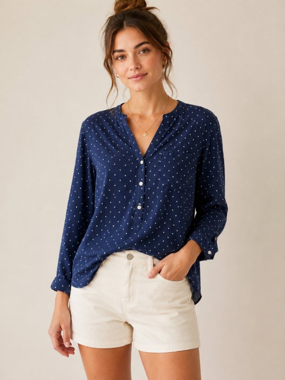Old Navy Tunic Shirt S Navy Polka Dot Popover Coastal Preppy Cottagecore